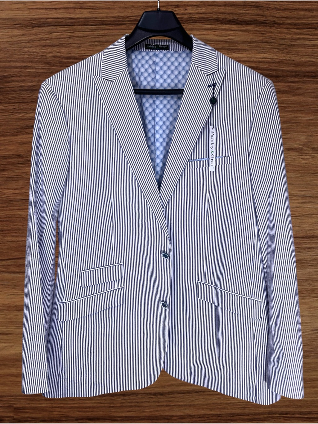 Paisley & Gray Blue & White Stripe Seersucker Sport Coat. 52r